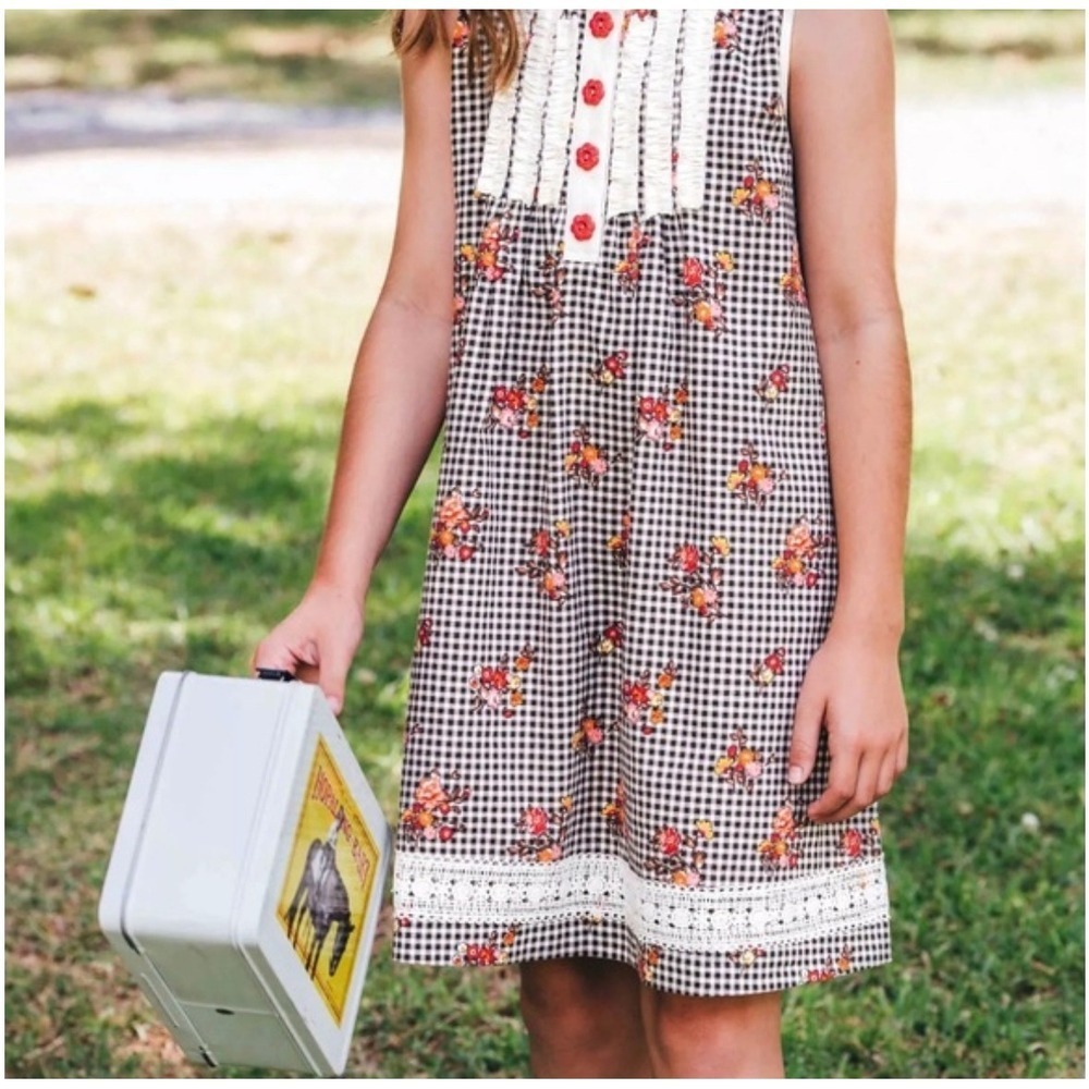 Girls Wild Flowers Black Gingham Floral Dress 18m‎ Ruffled Lace Trim